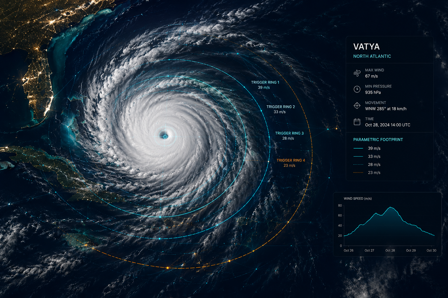 Vatya hurricane parametric footprint over the North Atlantic
